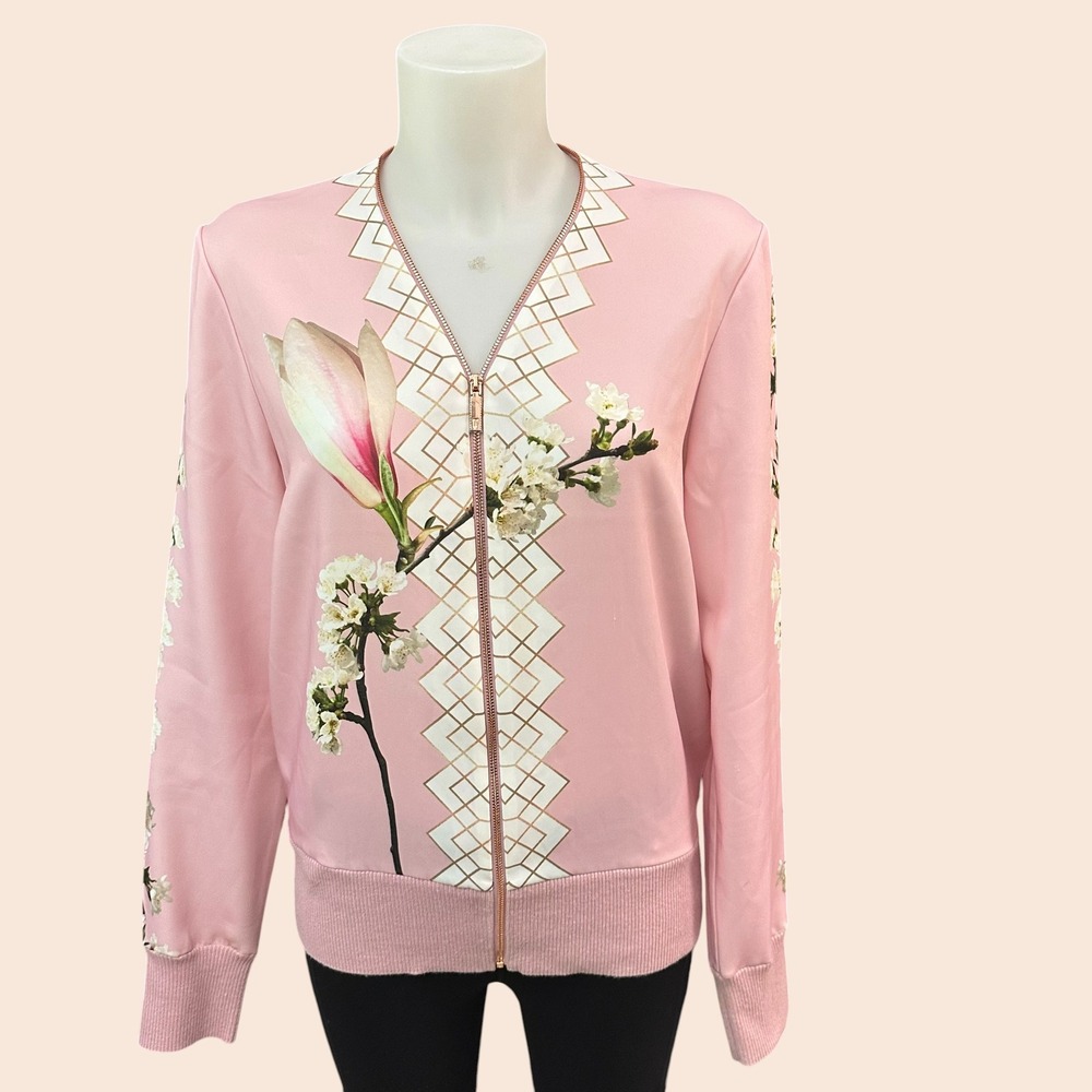 Ted Baker Emylou Harmony Print Zip-up Cardigan in Pink Floral sz Ted 3 / US 8